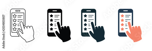 Mobile app rating and review interface icons set featuring hand tapping on smartphone screen with star symbols for customer feedback and satisfaction