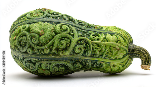Detailed Artisan Carvings on Long Green Squash with Elegant Floral and Swirl Motifs.