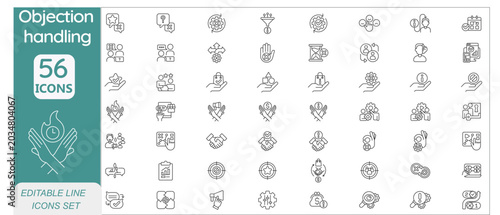Objection Handling icons set. Includes icons for sales, negotiation, communication, support, solutions, feedback, and customer relations. Editable stroke. Line icons. Perfect for apps and infographics