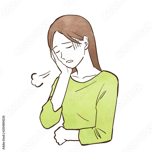 片手を頬に当ててため息をつく若い女性（上半身・バストアップ）　水彩風の手描きイラスト素材