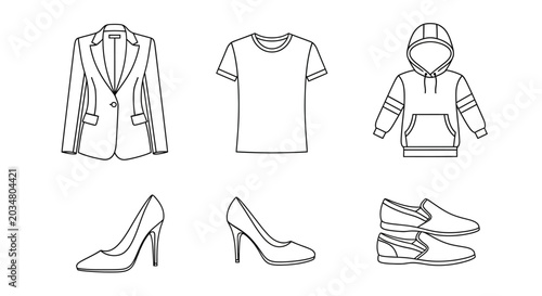 Linear clothing and fashion icons set with blazer t-shirt hoodie and shoes