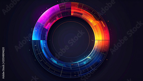Vibrant circular data visualization with colorful gradient sectors and grid pattern