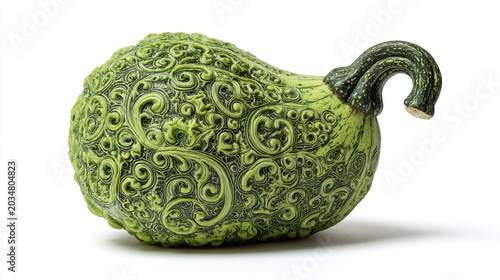Masterfully Carved Green Gourd Featuring Complex Scrollwork and Decorative Textures.