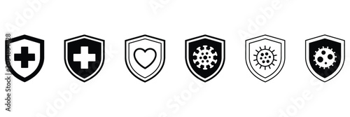 Health shield protection icons showcasing antibacterial and immune defense concepts with red cross, plus, heart, virus, and shield graphics. Medical care vector illustration.