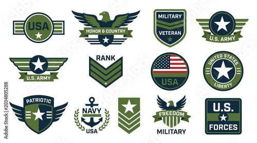 US Military Badges and Emblems: Army, Navy, Veteran, Patriotism, Eagle, Flag