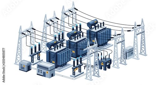 Canvas Print Isometric view of a high voltage electrical power substation with transformers