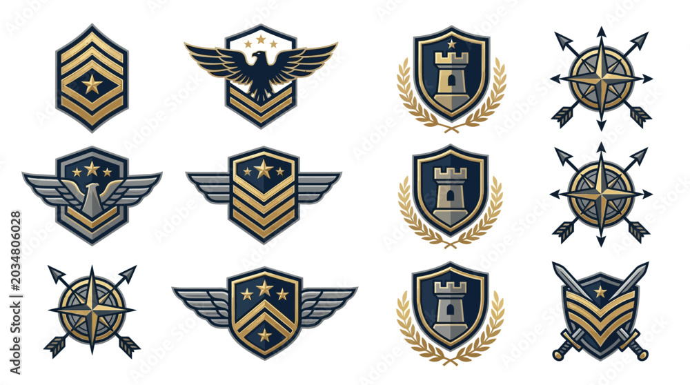 Obraz premium Military Badges, Emblems, and Insignia Vector Set: Army, Navy, Air Force, Ranks