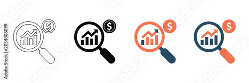 Financial analysis magnifying glass icons set featuring growth charts and dollar symbols in outline solid and flat minimalist graphic styles