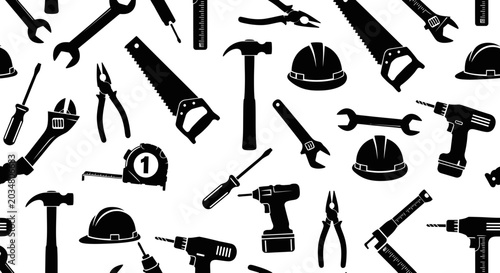 Photos Seamless Pattern of Black Construction Tools Silhouettes on White Background