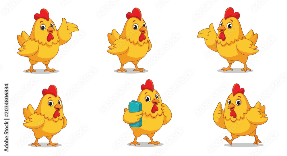 Fototapeta premium Cute Cartoon Chicken Collection: Waving, Thumbs Up, Running, Holding Bottle