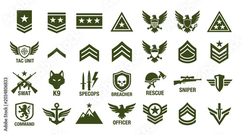 Military Insignia Icons: Ranks, Emblems, and Badges - Olive Green Collection