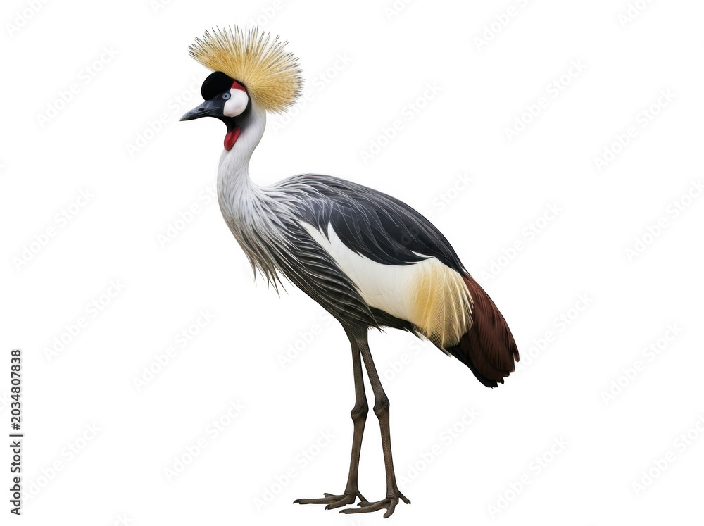 Fototapeta premium Grey crowned crane standing isolated on transparent background with yellow crest