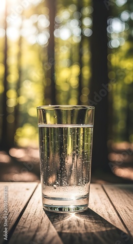 Refreshing glass of water outdoors natural light wooden table forest bokeh background hydration concept