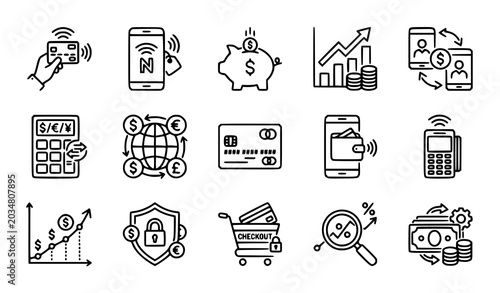 Photos Banking and Digital Payment Line Icons with P2P Transactions and Currency Conver