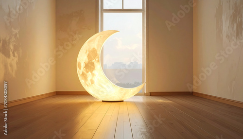 Glowing crescent moon lamp on wooden floor