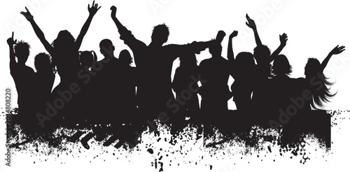 Vector illustration of crowd of people dancing silhouettes at music concert party disco club celebration on grunge background