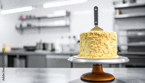 A delicious crumb-coated cake being frosted on a turntable with a spatula in a professional kitchen setting
