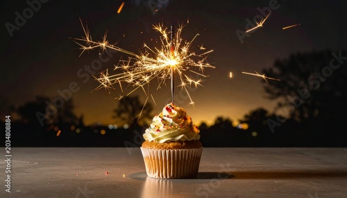 A delicious cupcake with a lit sparkler igniting a shower of golden sparks against a blurred outdoor night background
