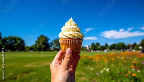 A delicious frosted cupcake held up in a sunny outdoor park with a blurred green background and blue sky