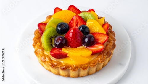 A Delicious Fruit Tart Overflowing with Fresh Strawberries, Kiwi, Oranges, and Blueberries on a Golden Pastry Crust