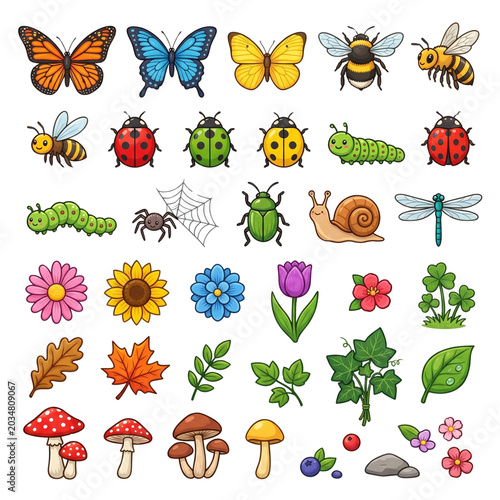 Collection of cartoon insects flowers leaves mushrooms with illustrations