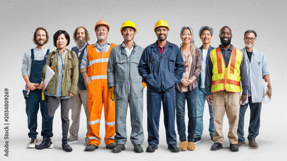 Fototapeta premium Diverse group of construction workers and laborers standing together on white background