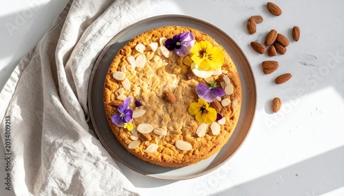 A Delicious Gluten-Free Almond Flour Cake Garnished with Toasted Sliced Almonds and Edible Flowers