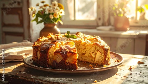 A delicious homemade apple cake with visible fruit chunks served on a rustic plate
