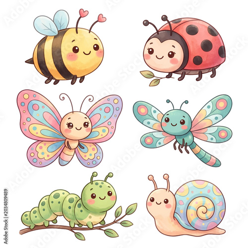 Group of six cute cartoon insects and a snail on branches isolated butterfly