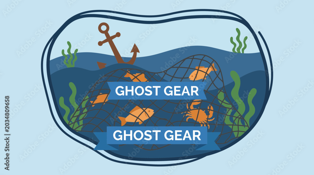 Naklejka premium Fishing Net Abandoned Illegally on Ocean Floor Ghost Gear