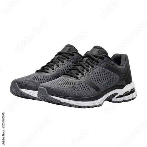 Pair of dark athletic running shoes with athletic