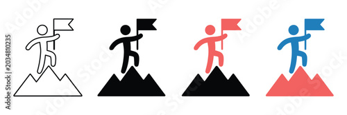 Set of four minimalist vector icons featuring a person reaching the mountain peak with a flag representing achievement and success
