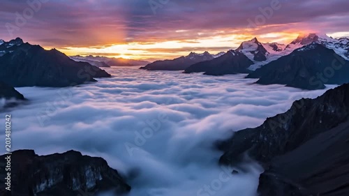 Breathtaking mountain range at sunrise with clouds and snow capped peaks