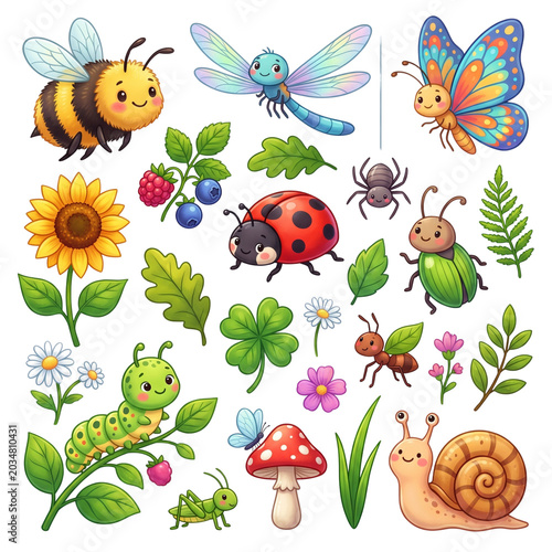 Cute cartoon insects and nature elements