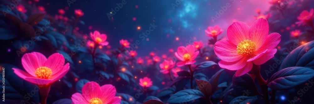 Fototapeta premium Glowing flora, neon hues shift with unseen energy , electric light, mystical