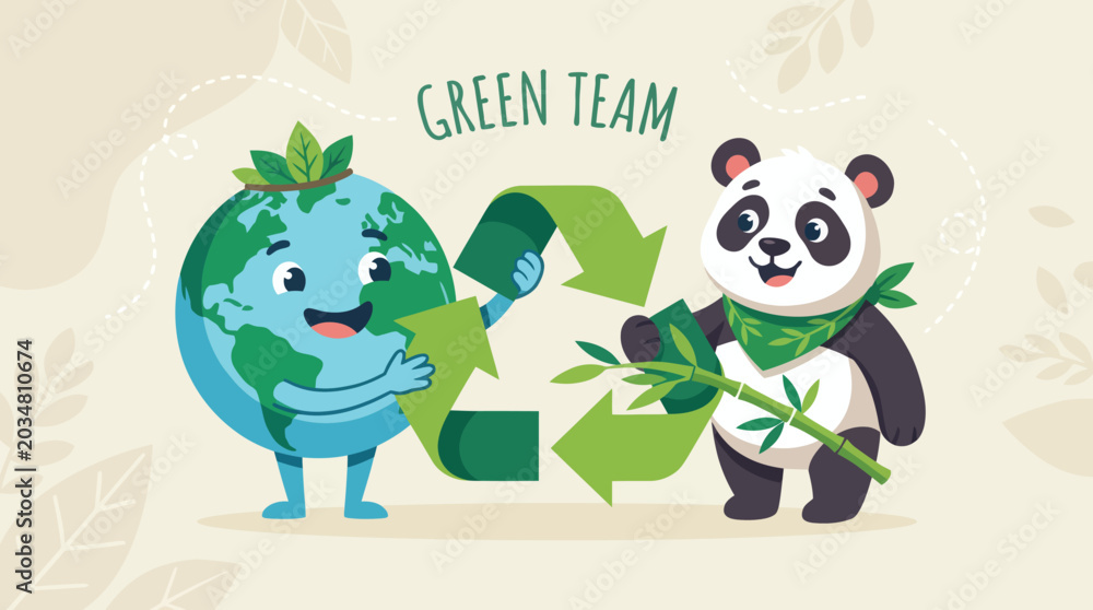 Naklejka premium Friendly Earth character and a cute panda illustrating eco-friendly teamwork and global recycling efforts for a sustainable future