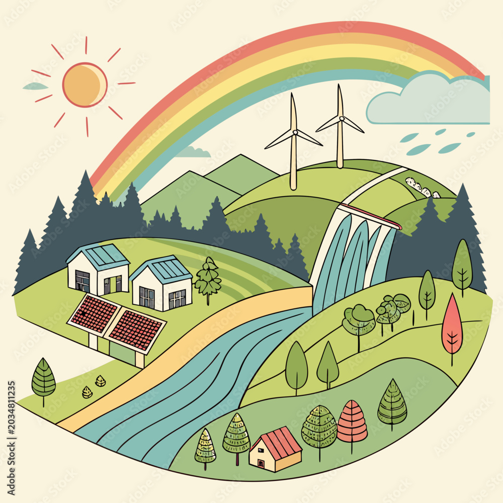 Fototapeta premium Illustration of a sustainable eco-friendly village with renewable energy sources and natural elements sustainable renewable turbines waterfall environment illustration sustainability friendly