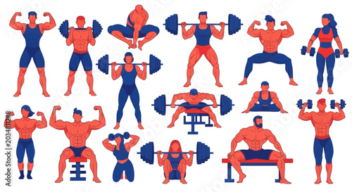 Tableau sur toile Fitness, Bodybuilding, and Weightlifting: Diverse Group of People Exercising
