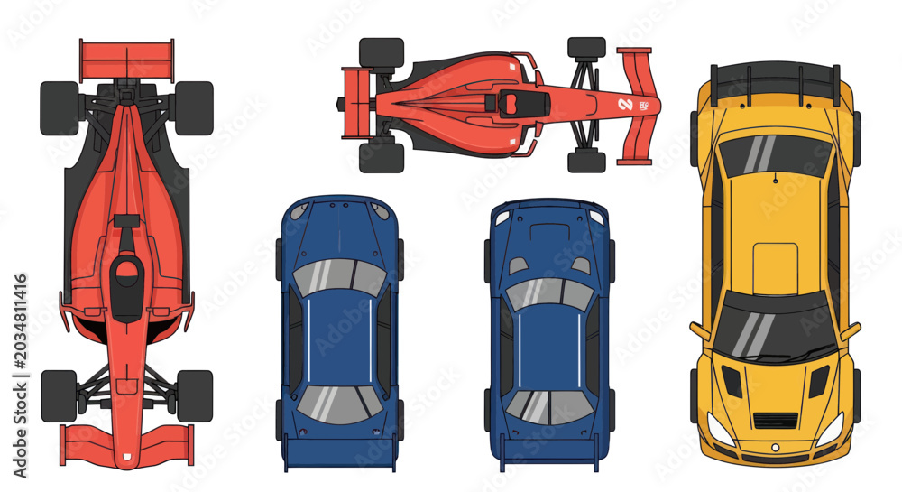 Obraz premium Top View: Formula 1 Race Car, Sports Cars, and Sedans