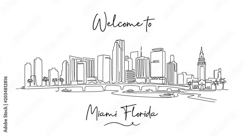 Fototapeta premium Miami Florida Skyline Hand Drawn Illustration