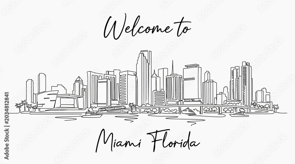 Fototapeta premium Miami Florida Skyline Hand Drawn Illustration