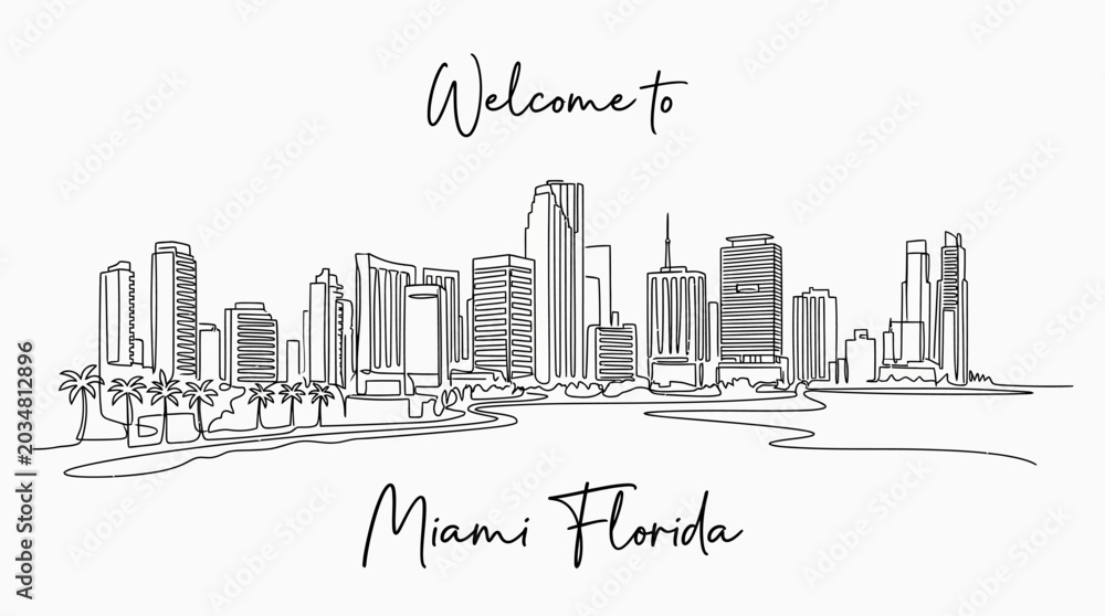 Fototapeta premium Miami Florida Skyline Illustration: minimalist city line art