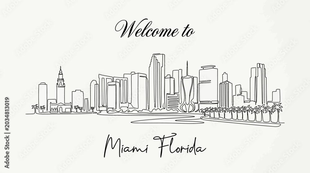 Fototapeta premium Miami Florida Skyline Line Art, Welcome Greetings