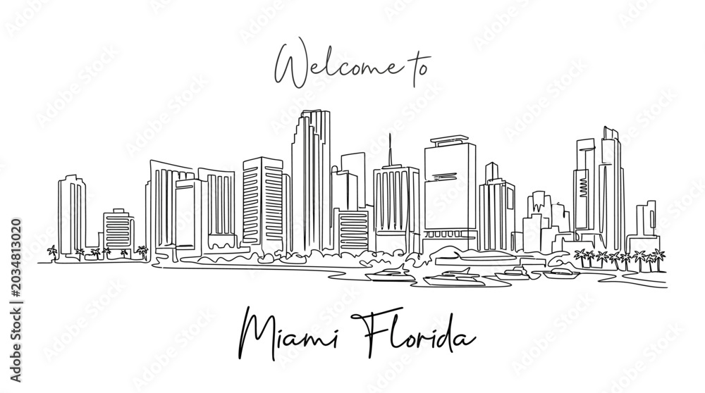 Obraz premium Miami Florida Skyline Line Art Cityscape Illustration