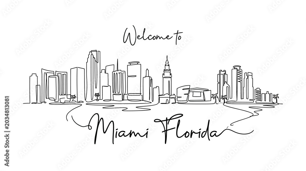 Fototapeta premium Miami Florida Skyline Minimalist Line Art Illustration