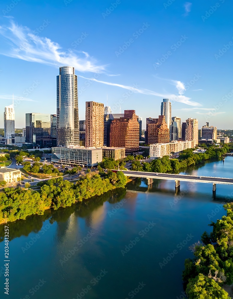 Obraz premium Aerial cityscape with river and bridge