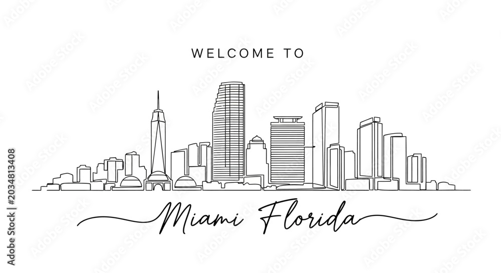 Fototapeta premium Miami Skyline Welcome Illustration - City Landmark Line Art Drawing