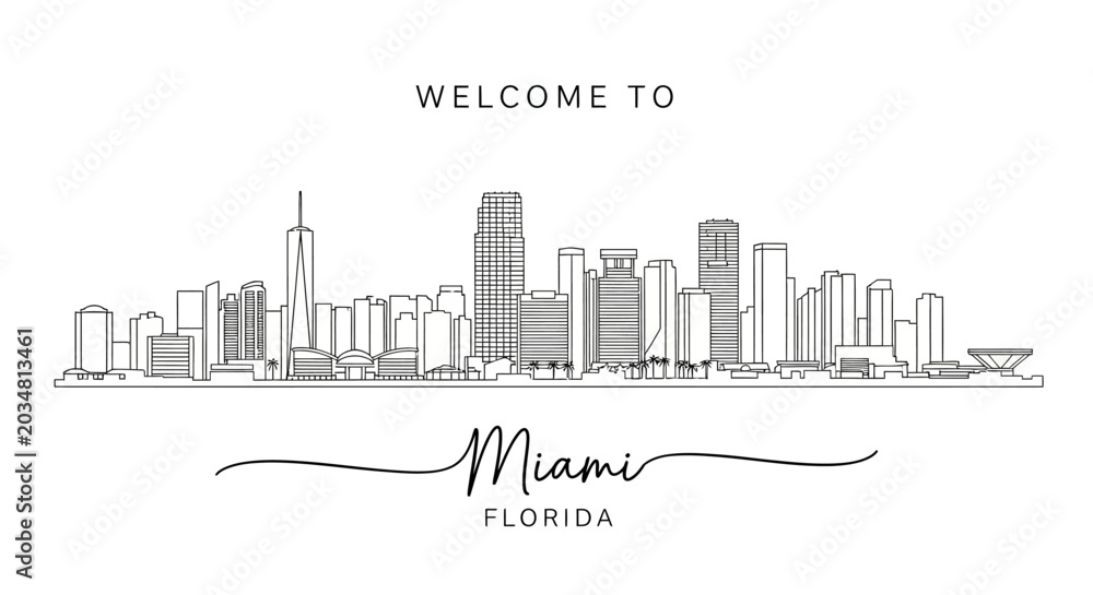 Fototapeta premium Miami Skyline Silhouette Drawing Welcome To Florida Cityscape Vector Art