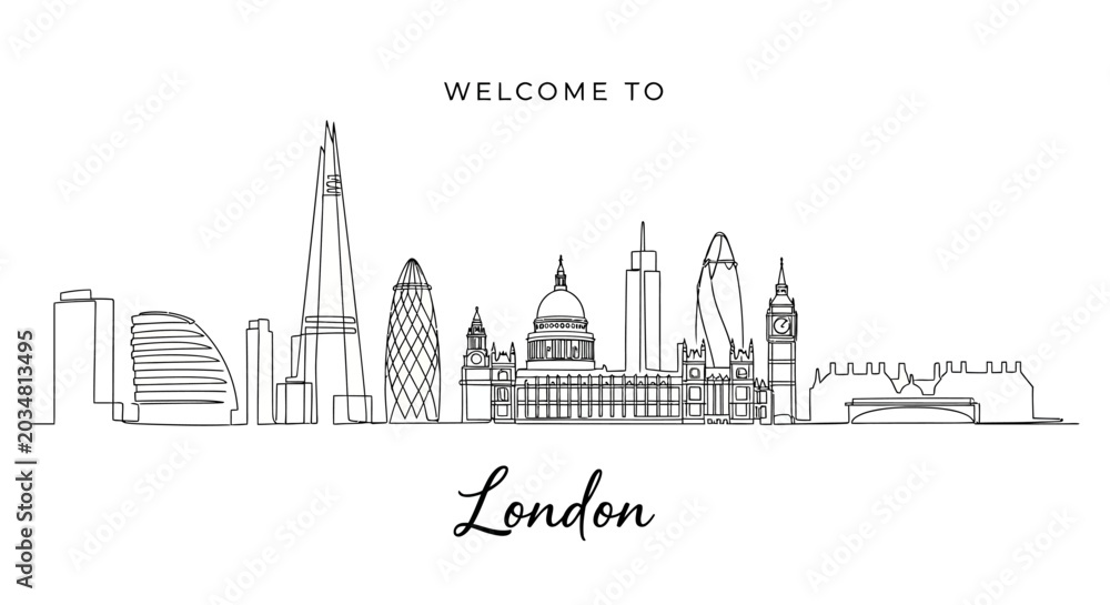 Fototapeta premium Minimalist London Skyline Illustration: Iconic Landmarks in Line Art