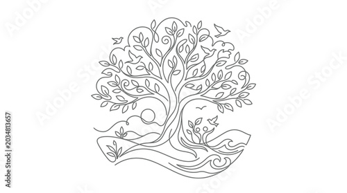 Line art tree of life with birds and flowing river on white backdrop